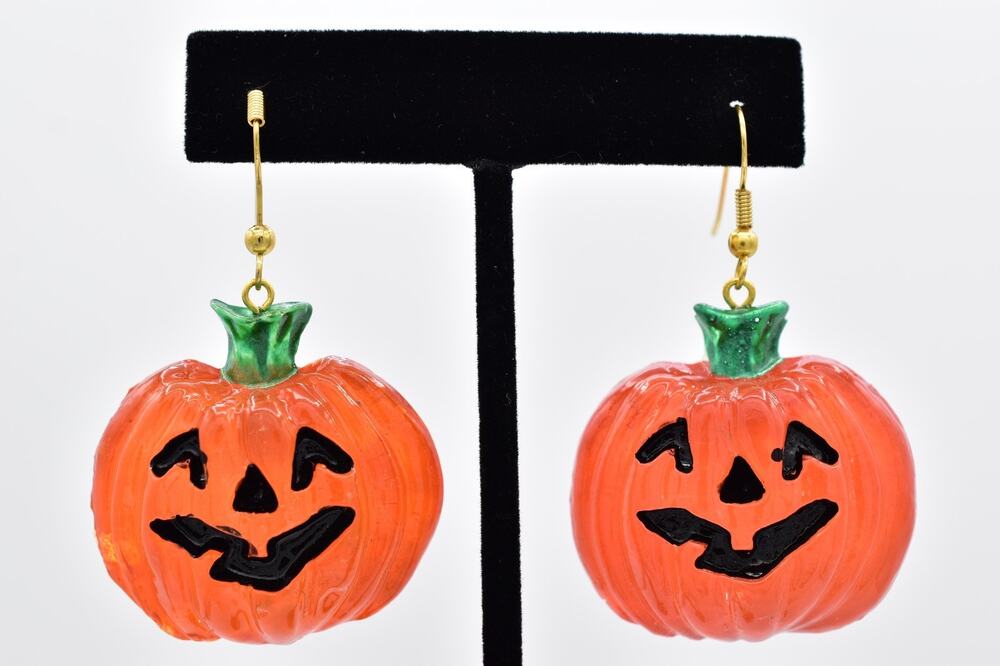Vintage Halloween Pumpkin Earrings Orange Lucite Jack O Lantern Chunky 90s BinAY
